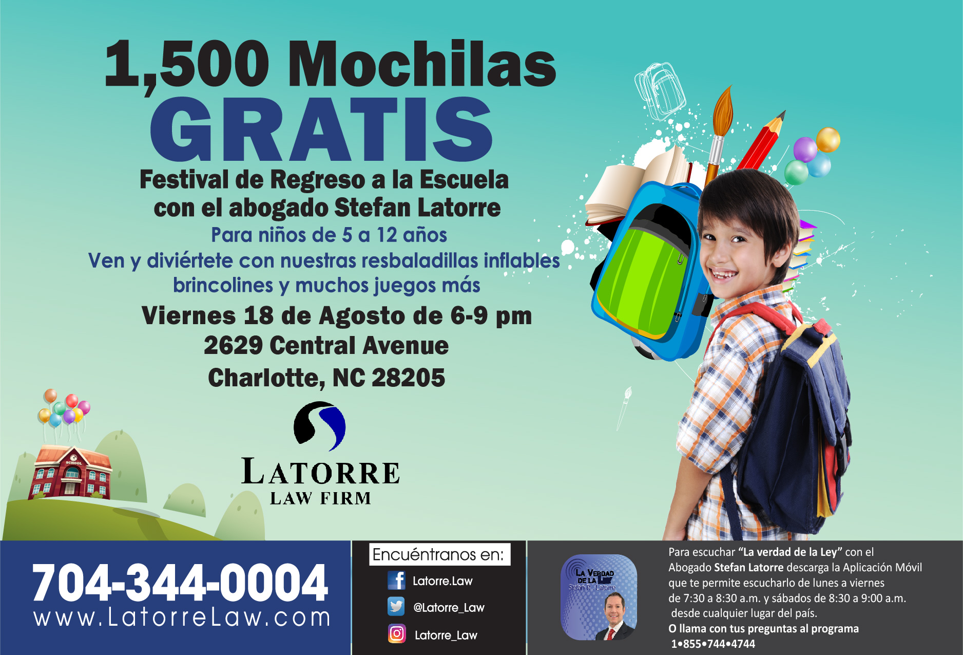 Abogado Stefan Latorre: 1,500 Mochilas Gratis en Regreso a Clases